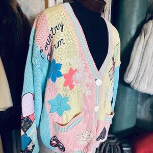 Absolutely No Jeans! Colorful Vintage 80s “Country Charm” Cardigan Knit Sweater